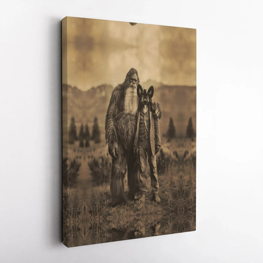 Bigfoot and Furry Friend Wall Art | Vintage Sepia Portrait Canvas | 1.25 Inch Gallery Wrap | Unique Cryptid Lover Home Decor Gift