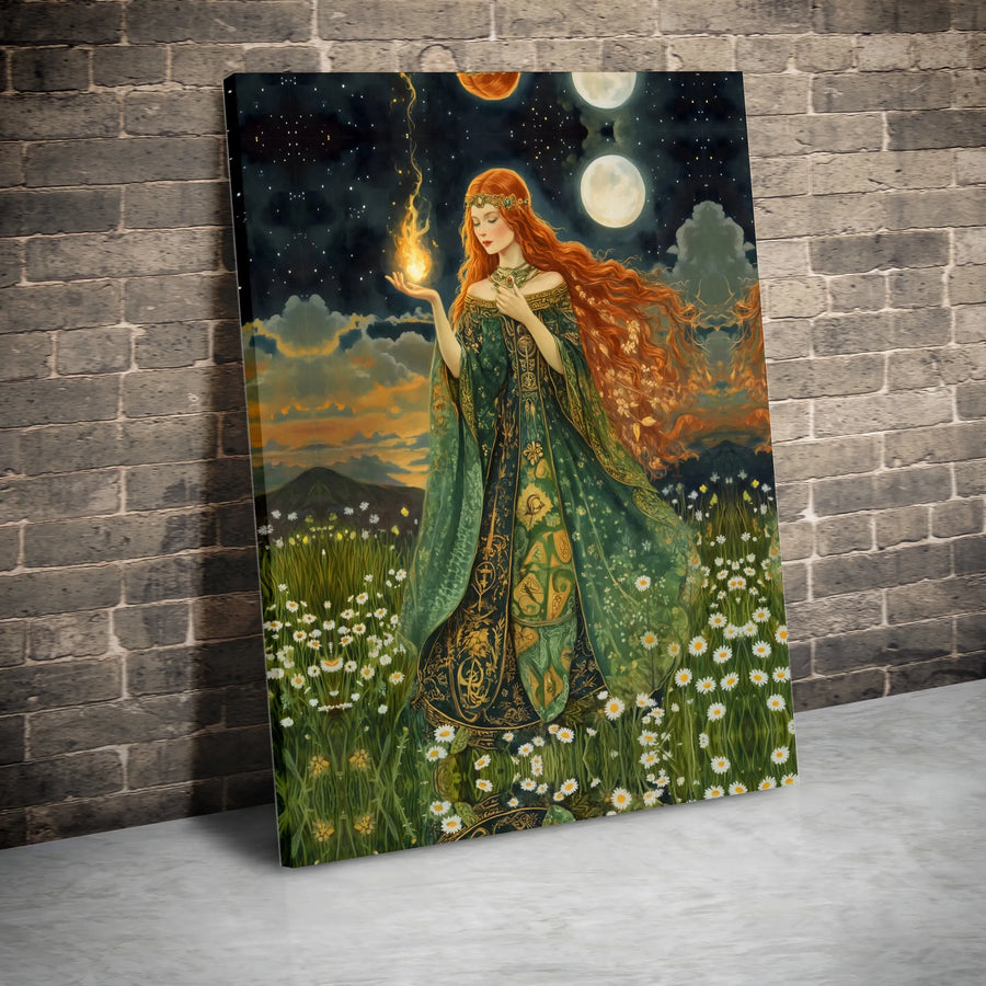 Fantasy Goddess Canvas Art | Celtic Fire Priestess with Celestial Moons | Premium Matte Gallery Wrap | Mythical Fantasy Home Decor Gift