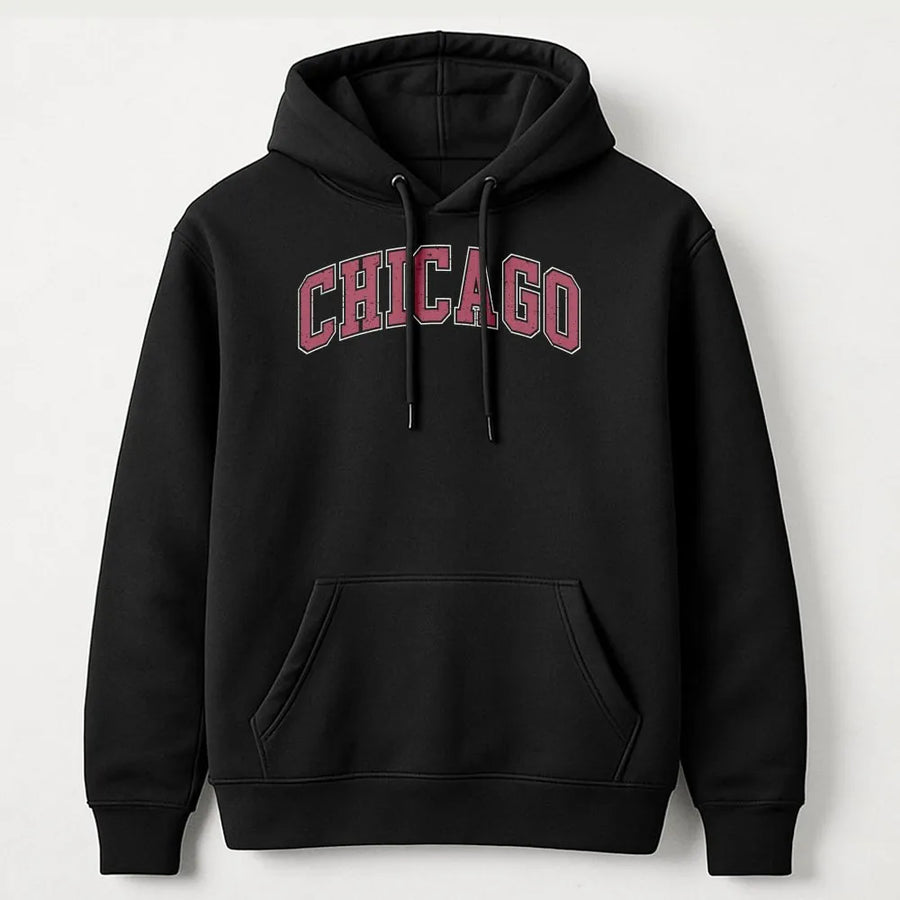 Chicago Hoodie | Retro Collegiate Varsity Graphic | Premium Cotton Blend Unisex Pullover | Windy City Souvenir Gift for Men and Women