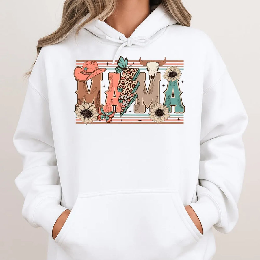 Western Mama Hoodie | Retro Cowgirl Cowhide Lightning Bolt Graphic | Premium Cotton Blend | Mother's Day 2026 Gift For Her