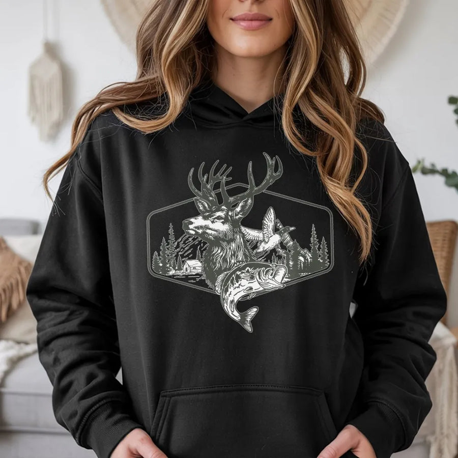 Hunting Hoodie | Vintage Deer and Duck Forest Graphic | Premium Cotton Blend | Gift for Outdoorsmen and Hunters