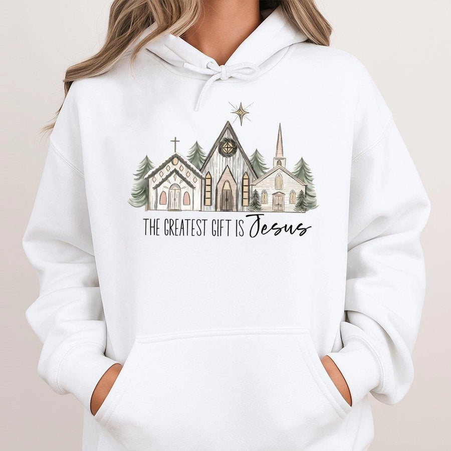 Christian Christmas Hoodie | The Greatest Gift Is Jesus Church Design | Premium Cotton Blend | Faith Based Holiday Apparel Gift for Women and Men