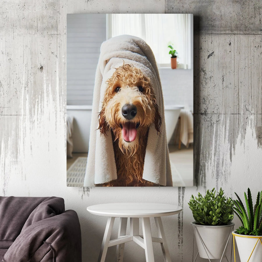 Goldendoodle Dog Canvas Art | Cute Wet Dog In Towel Portrait | Premium Gallery Wrapped Wall Decor | Funny Dog Lover Gift Idea