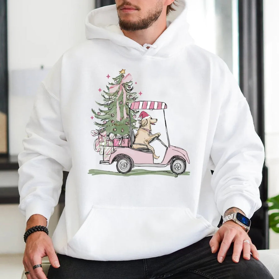 Christmas Golden Retriever Hoodie | Pink Golf Cart Festive Print | Premium Soft Cotton Blend | Holiday Gift For Dog Lovers & Golfers