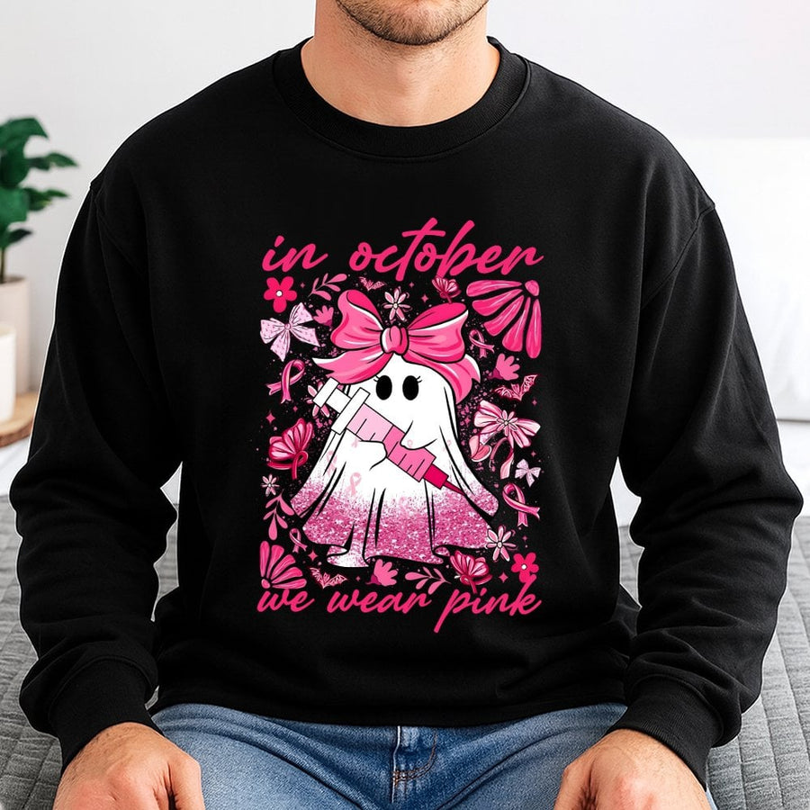 In October We Wear Pink Sweatshirt | Coquette Ghost Nursing Gift | Soft Cotton Blend Crewneck | Breast Cancer Awareness Shirt For Nurses