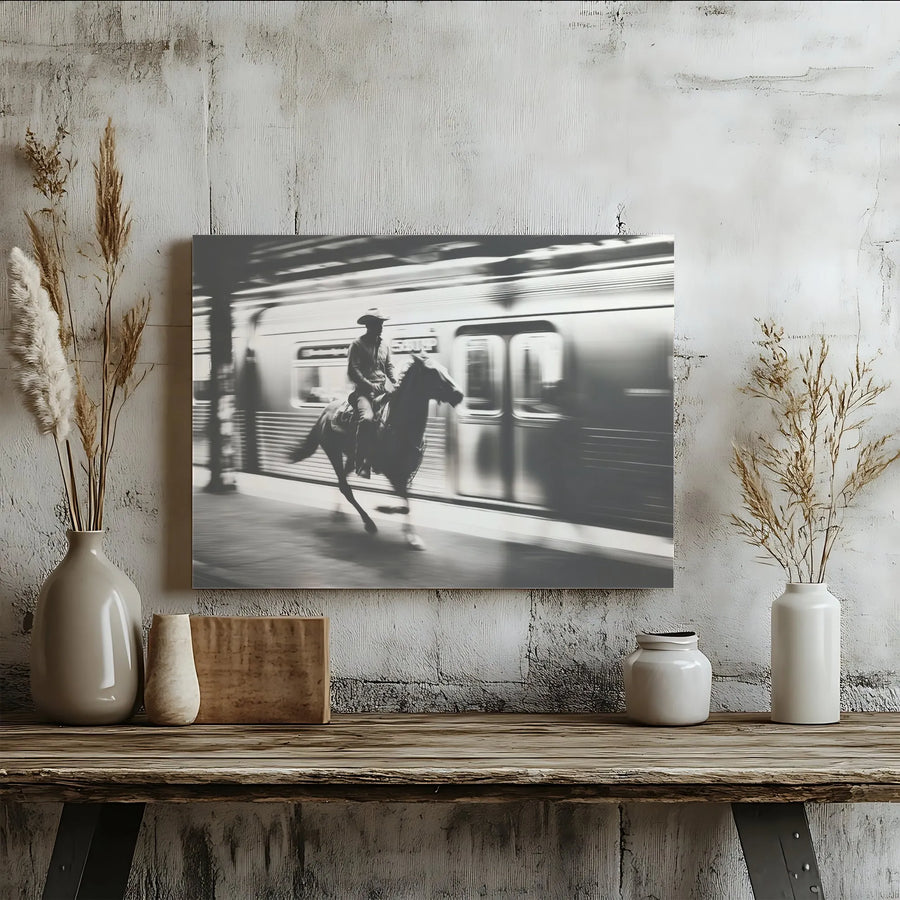 Cowboy Riding Horse Canvas Art | Surreal Subway Train Motion Photography | Gallery Wrapped Premium Wall Decor | Western Modern Home Gift