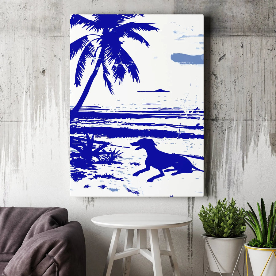 Greyhound Dog Wall Art | Tropical Beach Palm Tree Silhouette | Premium Canvas Gallery Wrap | Coastal Home Decor Gift for Dog Lovers