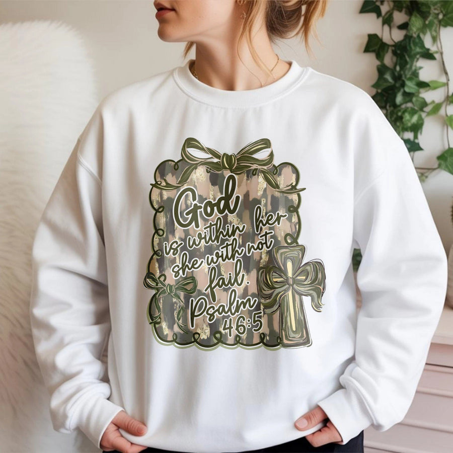 God Is Within Her Sweatshirt | Psalm 46:5 Bible Verse Graphic | Premium Cotton Blend Crewneck | Christian Gift for Women Religious Apparel
