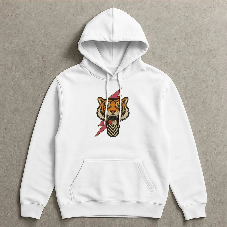Tiger Graphic Hoodie | Retro Lightning Bolt Cherry Dice Design | Premium Cotton Blend | Aesthetic Unisex Streetwear Gift for Animal Lovers
