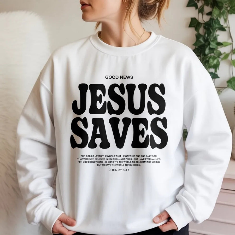 Jesus Saves Sweatshirt | Faith Based Retro Typography | Premium Cotton Blend | Christian Gift For Men And Women
