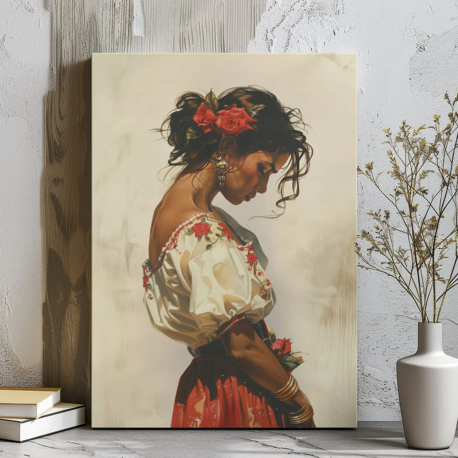 Spanish Woman Portrait Canvas Print | Romantic Red Rose Floral Wall Art | Premium 1.25-Inch Gallery Wrap | Elegant Home Decor for Living Room