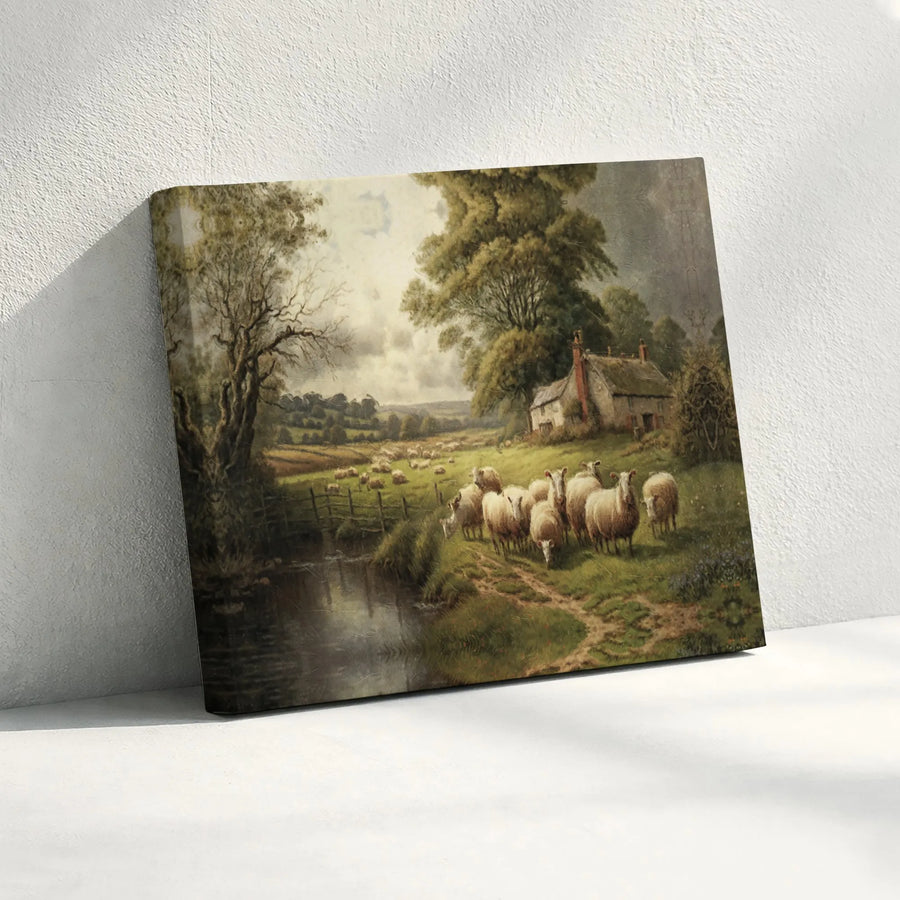 English Countryside Sheep Canvas Art | Pastoral Meadow Cottage Landscape | Premium Fade-Resistant Gallery Print | Farmhouse Wall Decor for Home