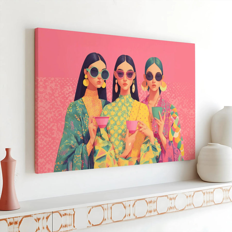 Fashionable Women Canvas Wall Art | Colorful Retro Style Tea Party | Premium Gallery Wrap Print | Chic Home Decor Gift for Her