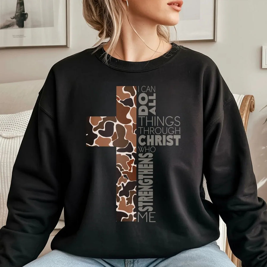 Camo Cross Christian Sweatshirt | Philippians 4:13 Scripture Print | Premium Unisex Cotton Blend | Faith-Based Gift for Believers