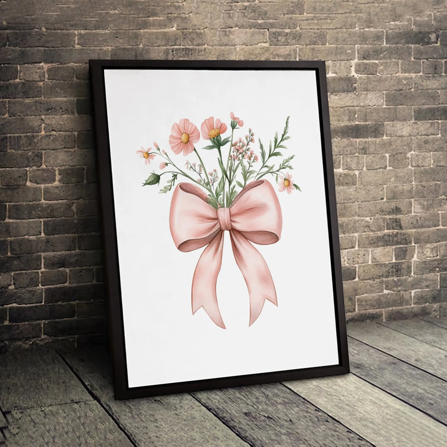 Watercolor Flower Bouquet Canvas Wall Art | Soft Pink Bow Aesthetic Print | Premium Gallery-Wrapped Decor | Elegant Floral Gift for Her