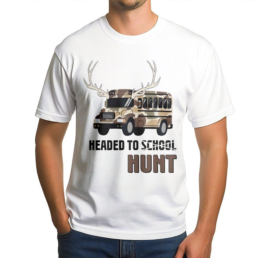 Headed To Hunt T-Shirt | Camo School Bus Deer Antler Design | 100% Cotton Premium Tee | Country Boy Back To School Hunting Gift