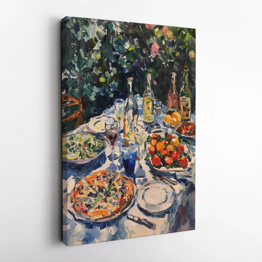 Impressionist Italian Garden Lunch Canvas Wall Art | Pizza and Wine Still Life | Premium Gallery-Wrapped Print | Kitchen & Dining Home Decor Gift