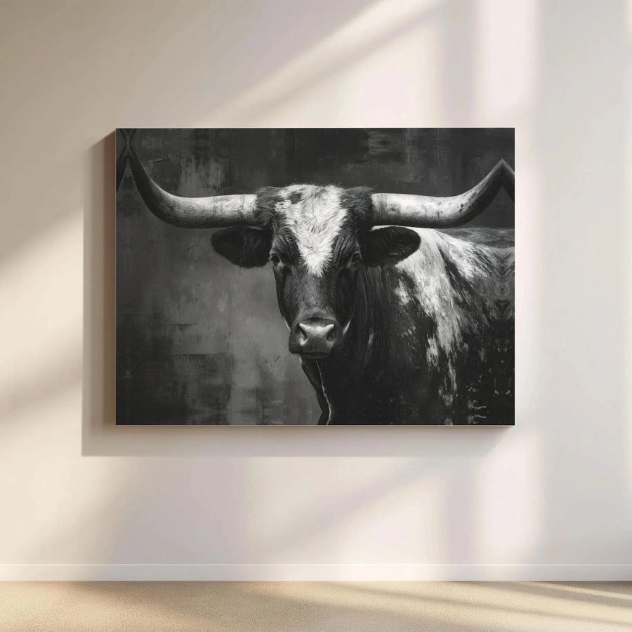 Texas Longhorn Bull Wall Art | Black And White Cattle Portrait | Premium 1.25-Inch Gallery Canvas | Modern Farmhouse Home Decor Gift