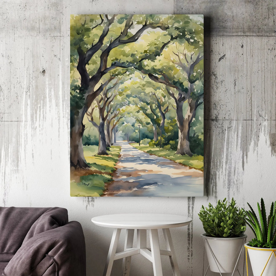 Tree Lined Avenue Canvas Art | Sun Dappled Watercolor Landscape | Premium 1.25 Inch Gallery Wrap | Peaceful Nature Wall Decor for Living Room