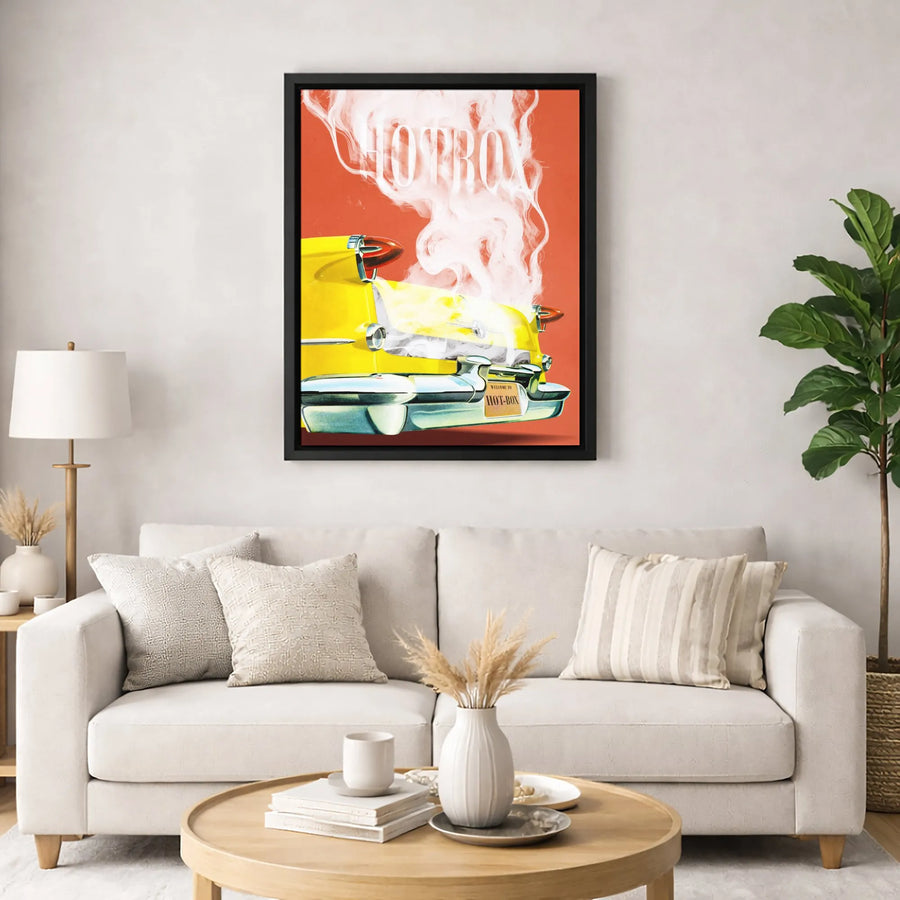 Hotbox Retro Car Canvas Wall Art | Vintage Yellow Classic Vehicle Poster | Premium Gallery-Wrapped Print | Cool Garage Decor For Men