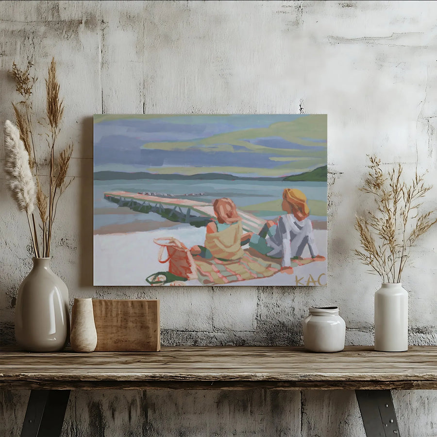 Coastal Landscape Canvas Wall Art | Impressionist Painting Print of Women on Beach | Premium Thick Gallery Wrap Canvas | Beach House Decor Gift