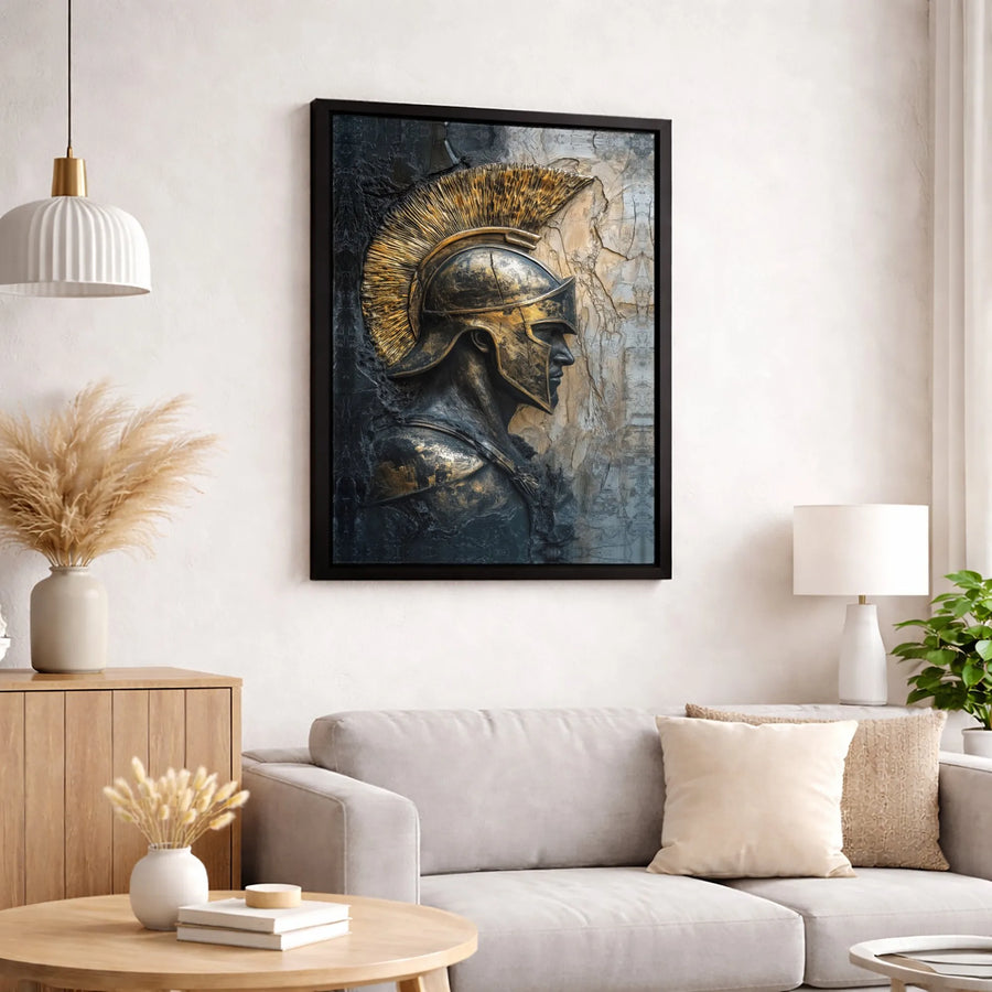 Spartan Warrior Canvas Wall Art | Gold Corinthian Helmet Relief Texture | Premium Fade-Resistant Print | Masculine Home & Office Decor Gift