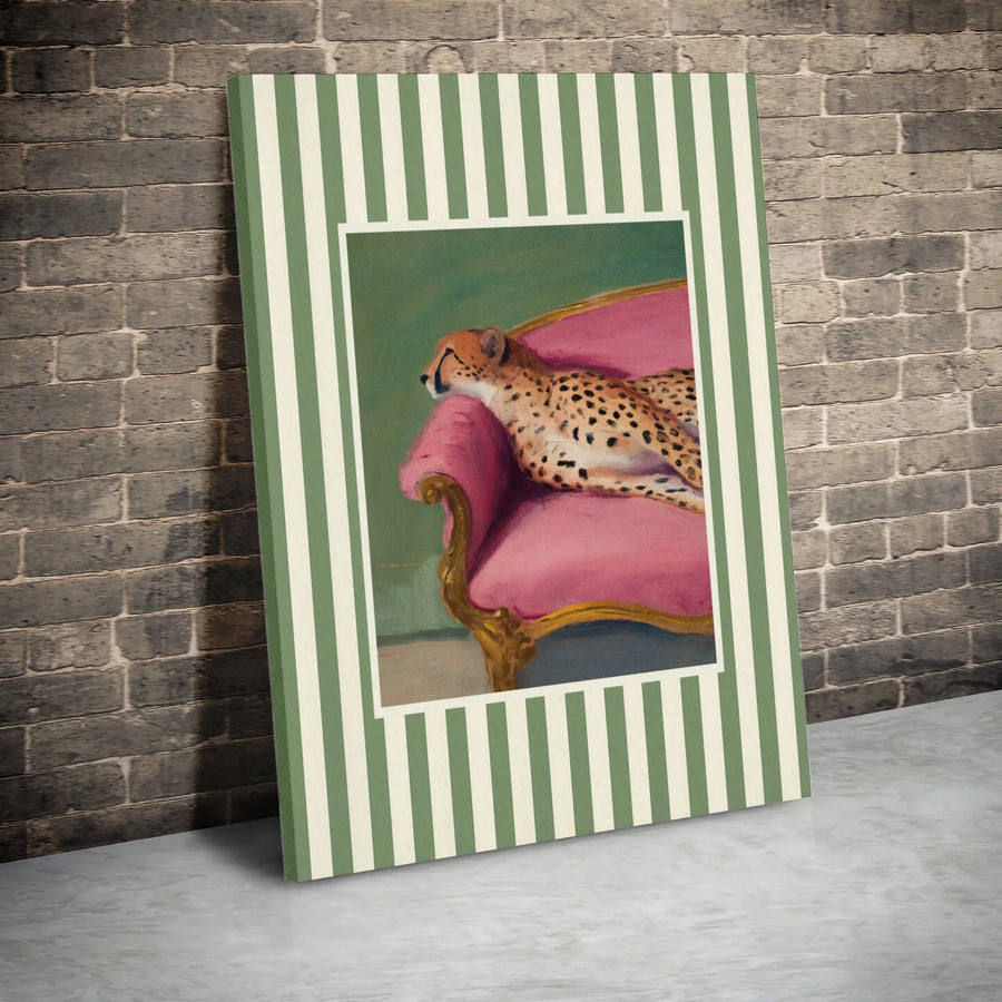 Cheetah Wall Art | Whimsical Cheetah Lounging on Pink Sofa | Premium Gallery Wrapped Canvas | Eclectic Maximalist Home Decor Gift