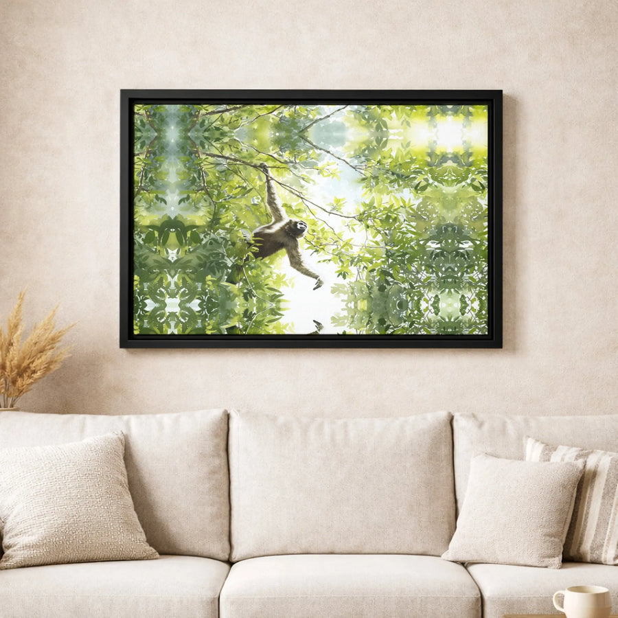 Gibbon Wall Art Canvas | Swinging Monkey in Tropical Jungle Canopy | Gallery Quality Fade-Resistant Print | Wildlife Nature Decor for Home