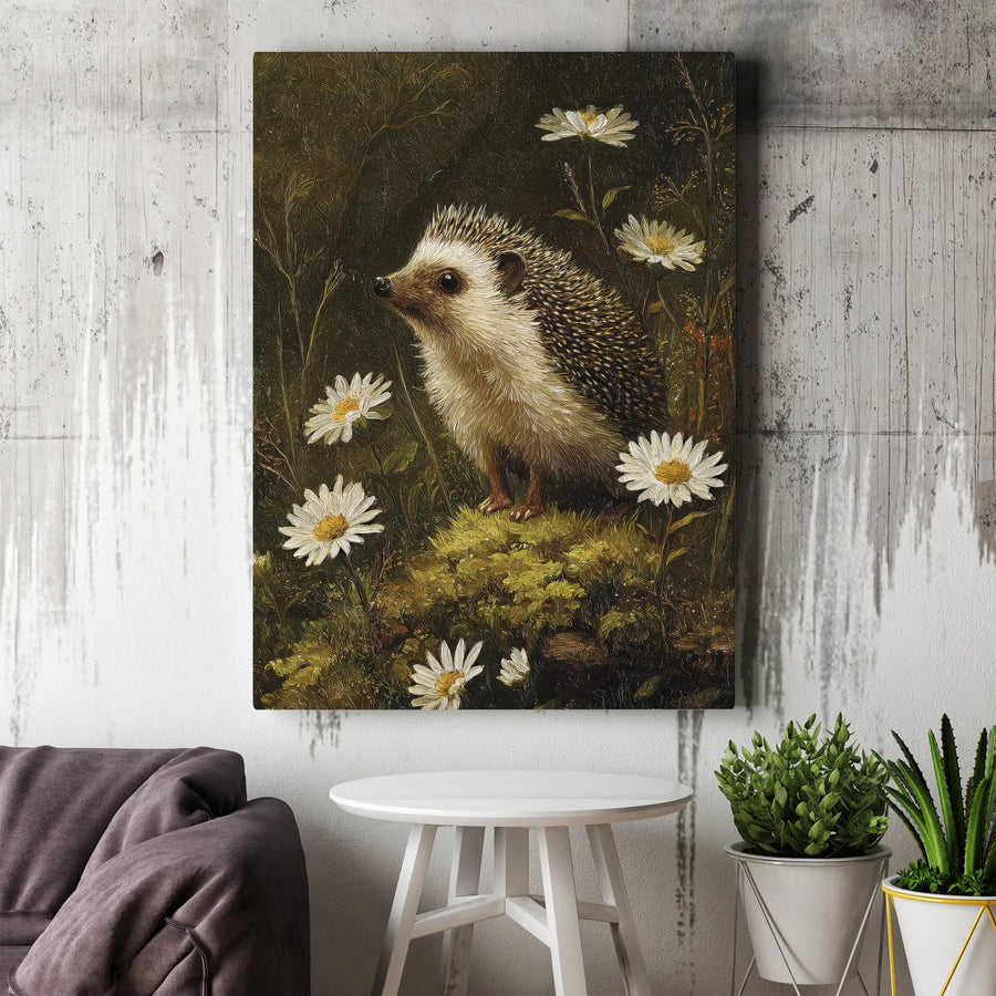 Vintage Hedgehog Painting Canvas Art | Charming Woodland Hedgehog & Daisy Print | Premium Gallery Wrapped Canvas | Cottagecore Nursery Decor Gift for Animal Lover