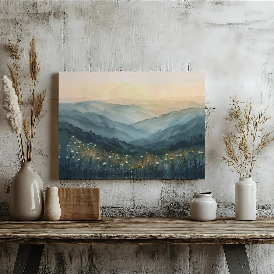 Watercolor Mountain Landscape Canvas Wall Art | Misty Forest Meadow Print | Gallery-Quality Premium Decor | Nature Lover Living Room Gift