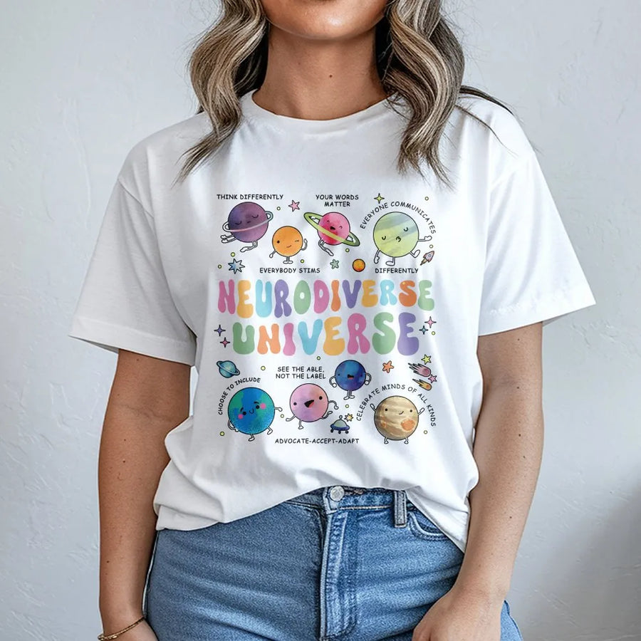 Neurodiverse Universe T-Shirt | Colorful Planets Graphic Tee | Soft Premium Cotton | Autism Awareness Gift for Sped Teacher
