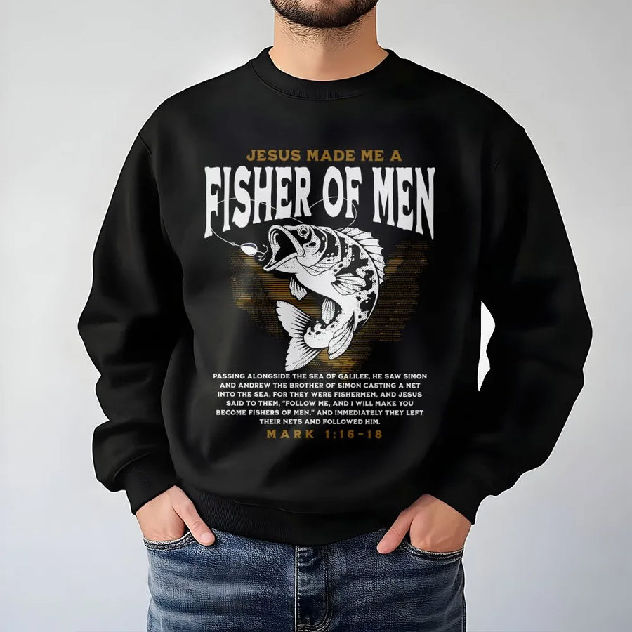 Fisher Of Men Sweatshirt | Religious Bible Verse Mark 1:16-18 Design | Premium Cotton Blend | Christian Fishing Gift For Men And Women
