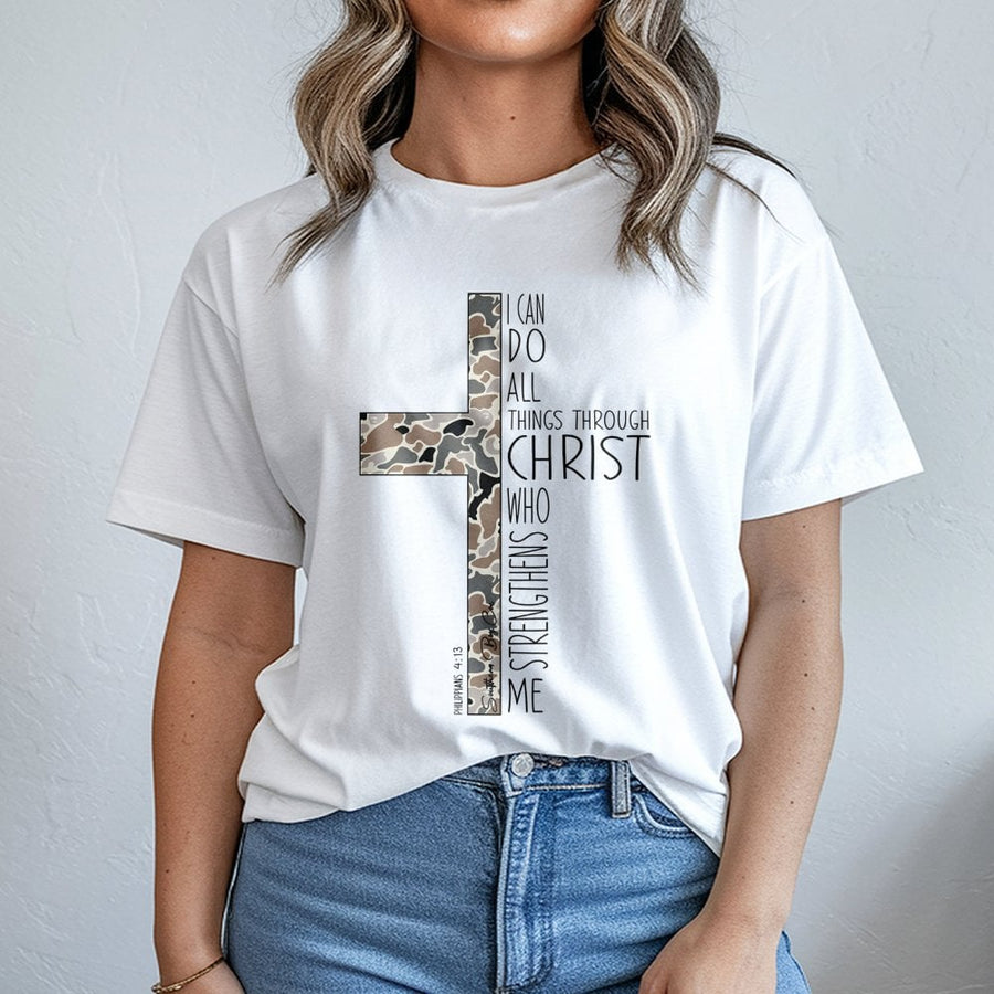 Philippians 4:13 T-Shirt | Camo Cross Graphic Bible Verse | Premium Cotton Faith Apparel | Inspirational Christian Gift for Men and Women