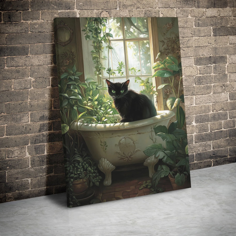 Black Cat in Clawfoot Bathtub Canvas | Whimsical Botanical Bathroom Wall Art | Premium Gallery Wrapped Print | Unique Gift for Cat Lovers