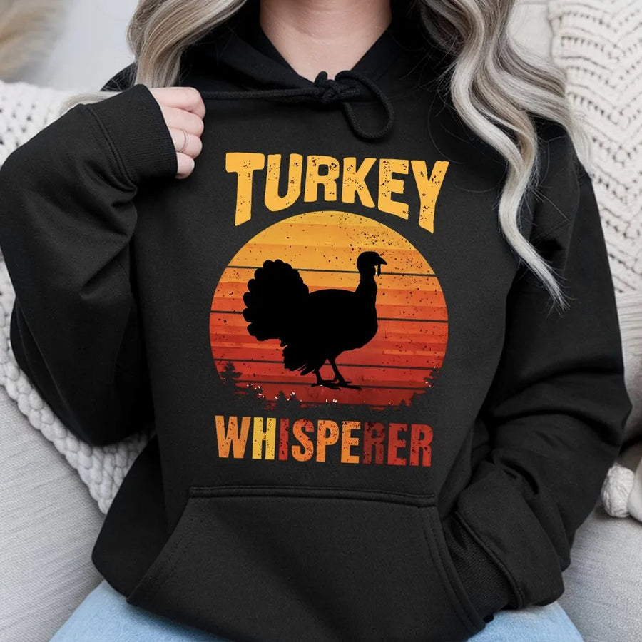 Turkey Whisperer Hoodie | Retro Sunset Turkey Hunter Design | Premium Cotton Blend | Funny Hunting Season Gift for Dad, Outdoor Apparel