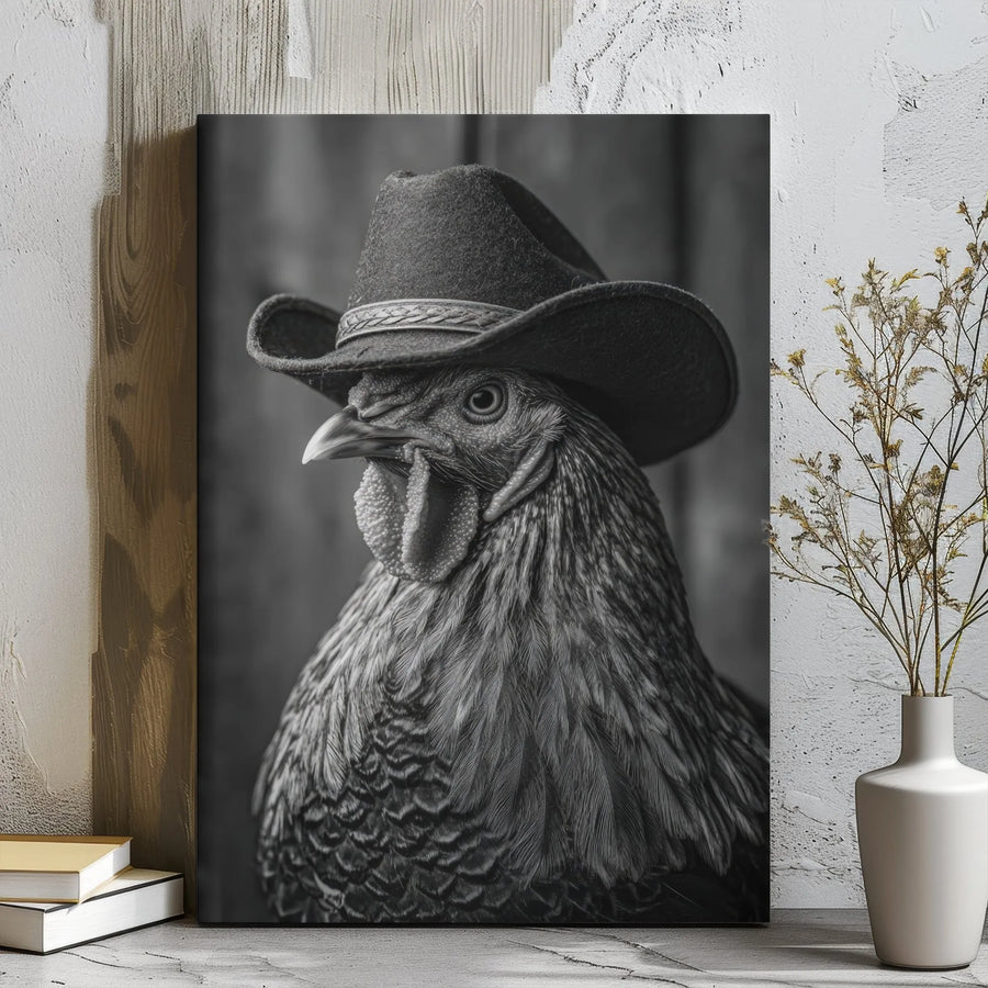 Chicken With Cowboy Hat Canvas Wall Art | Black and White Farmhouse Decor | Premium Gallery Wrap Print | Funny Western Animal Gift for Home Office