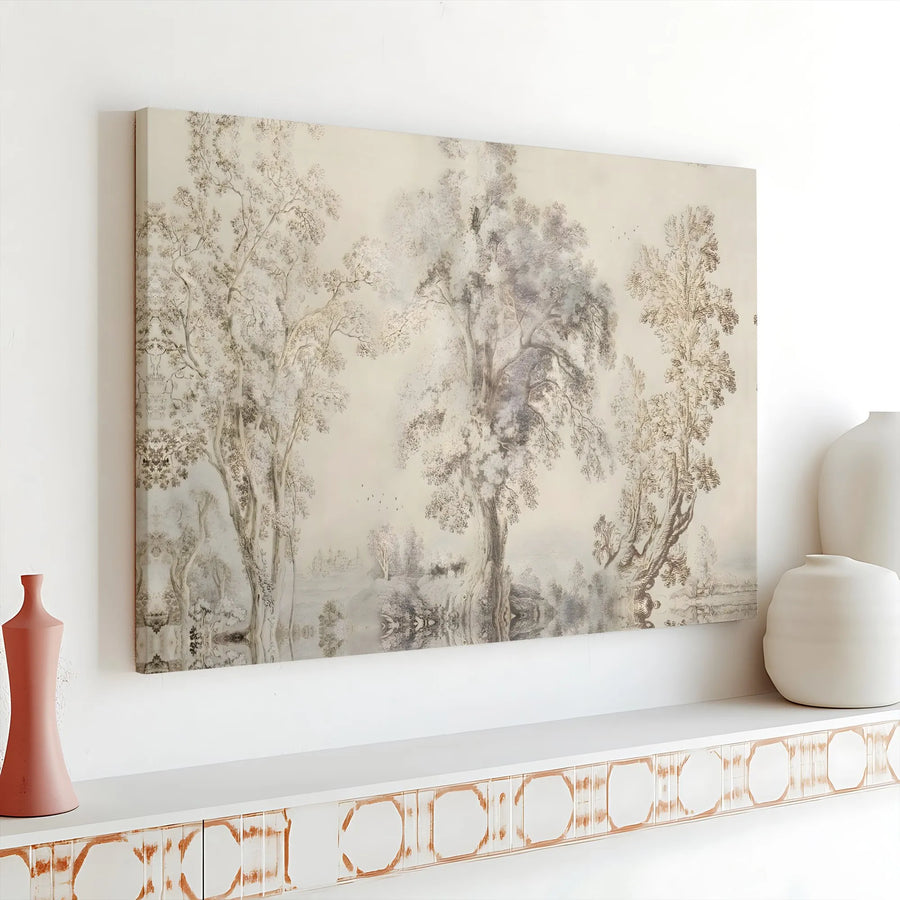 Vintage Tree Landscape Canvas Wall Art | Etched Forest Reflection Sketch | Premium Gallery Wrap Print | Neutral Home Decor for Living Room