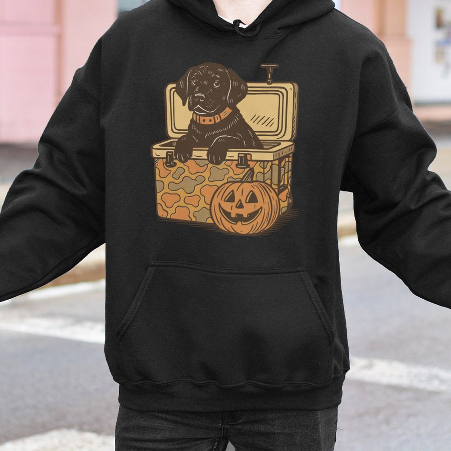 Black Lab Hoodie | Cute Camo Cooler Design with Pumpkin | Premium Cotton Blend Pullover | Halloween Dog Lover Gift for Hunter or Outdoor Fan