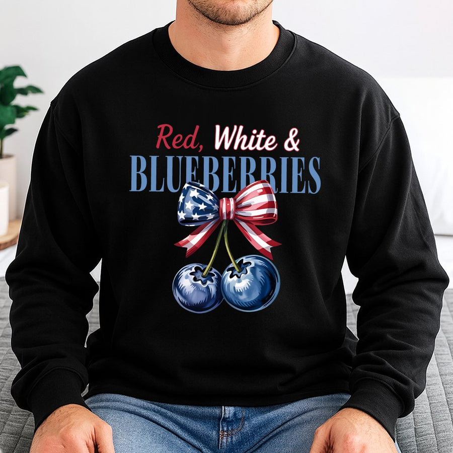 Red White And Blueberries Sweatshirt | Patriotic American Flag Bow Design | Soft Cotton Blend Unisex Pullover | July 4th Independence Day Gift