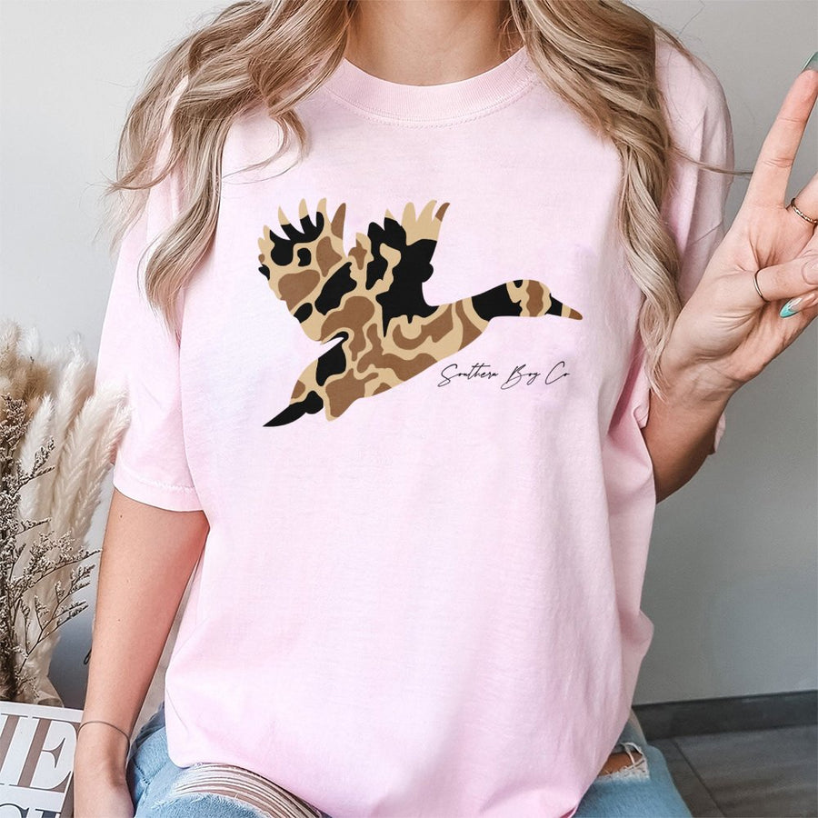 Camo Duck Graphic T-Shirt | Southern Country Style Hunter Apparel | 100% Premium Cotton Tee | Gift for Outdoor Enthusiasts