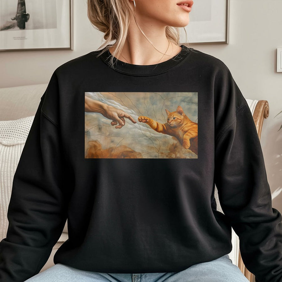 Funny Cat Sweatshirt | The Creation Of Adam Art Parody | Soft Cotton Blend Unisex Pullover | Whimsical Orange Tabby Gift For Cat Lovers