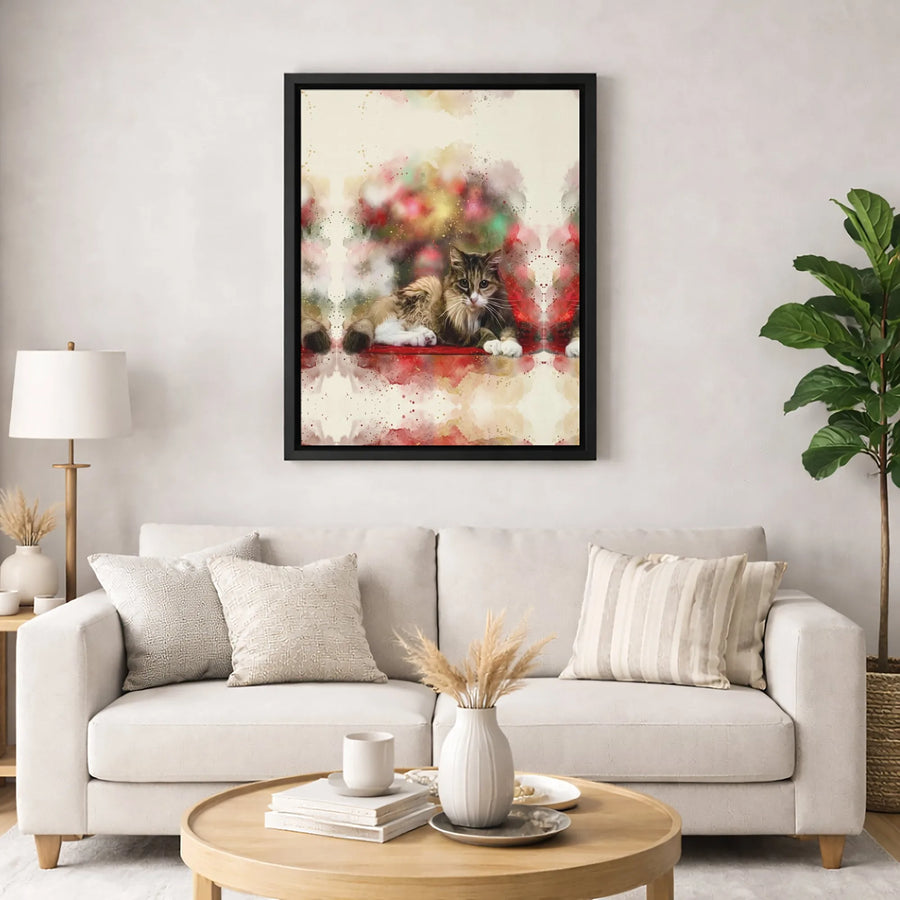 Fluffy Cat Canvas Wall Art | Festive Watercolor Animal Portrait | Premium Fade-Resistant Print | Gift for Cat Lovers & Pet Owners