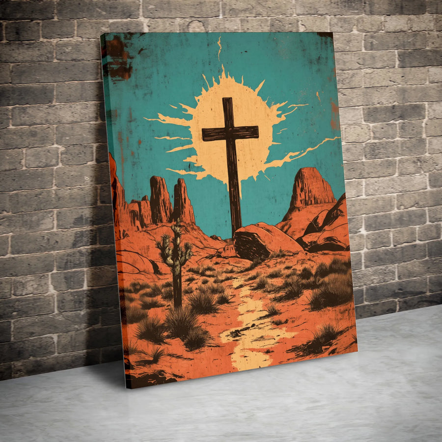 Christian Cross Canvas Wall Art | Vintage Southwest Desert Print | Premium Frameless Canvas | Spiritual Home Decor Gift
