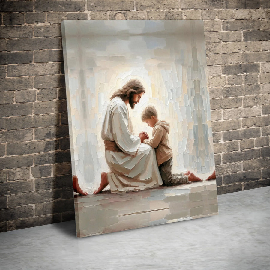 Jesus Kneeling With Child Canvas Wall Art | Faith-Based Religious Portrait | Premium 1.25-Inch Gallery Wrap | Christian Home Decor Gift