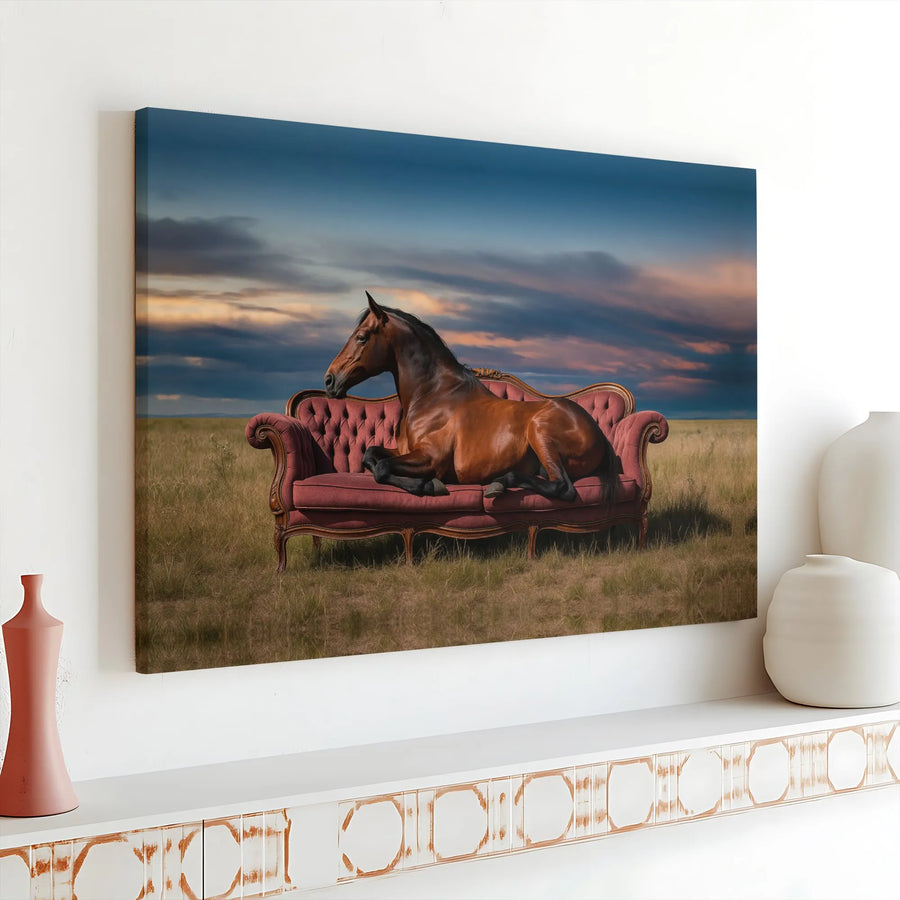 Surreal Horse On Vintage Sofa Canvas Wall Art | Whimsical Equine Nature Print | Premium Gallery Wrap Canvas | Unique Home Decor Gift