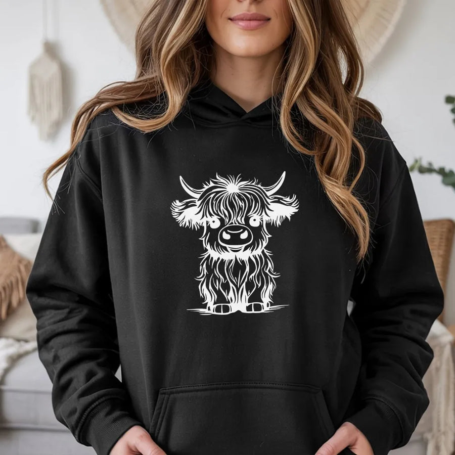 Cute Highland Cow Hoodie | Minimalist Farmhouse Animal Graphic | Premium Soft Cotton Blend | Cozy Gift for Cow Lovers