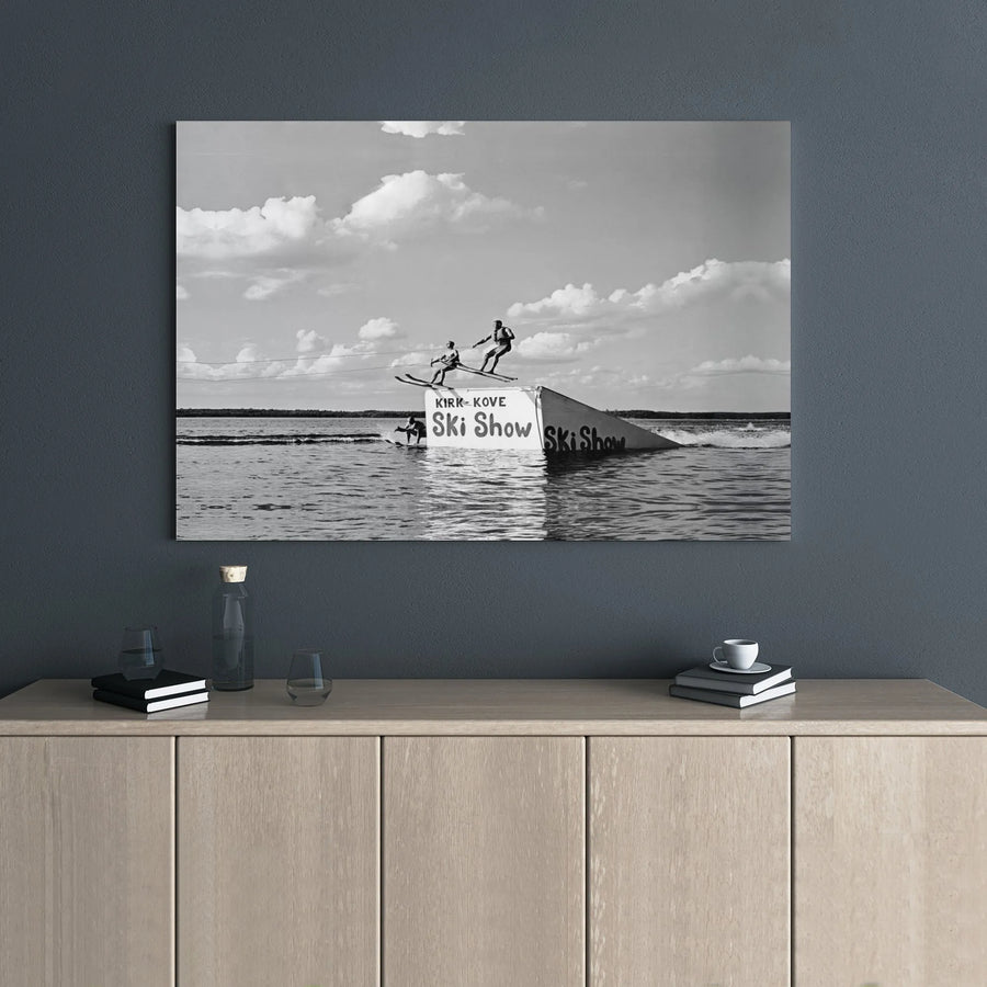 Vintage Water Skiing Wall Art | Black and White Action Photography Print | Premium Gallery Wrap Canvas | Retro Summer Lake House Decor Gift