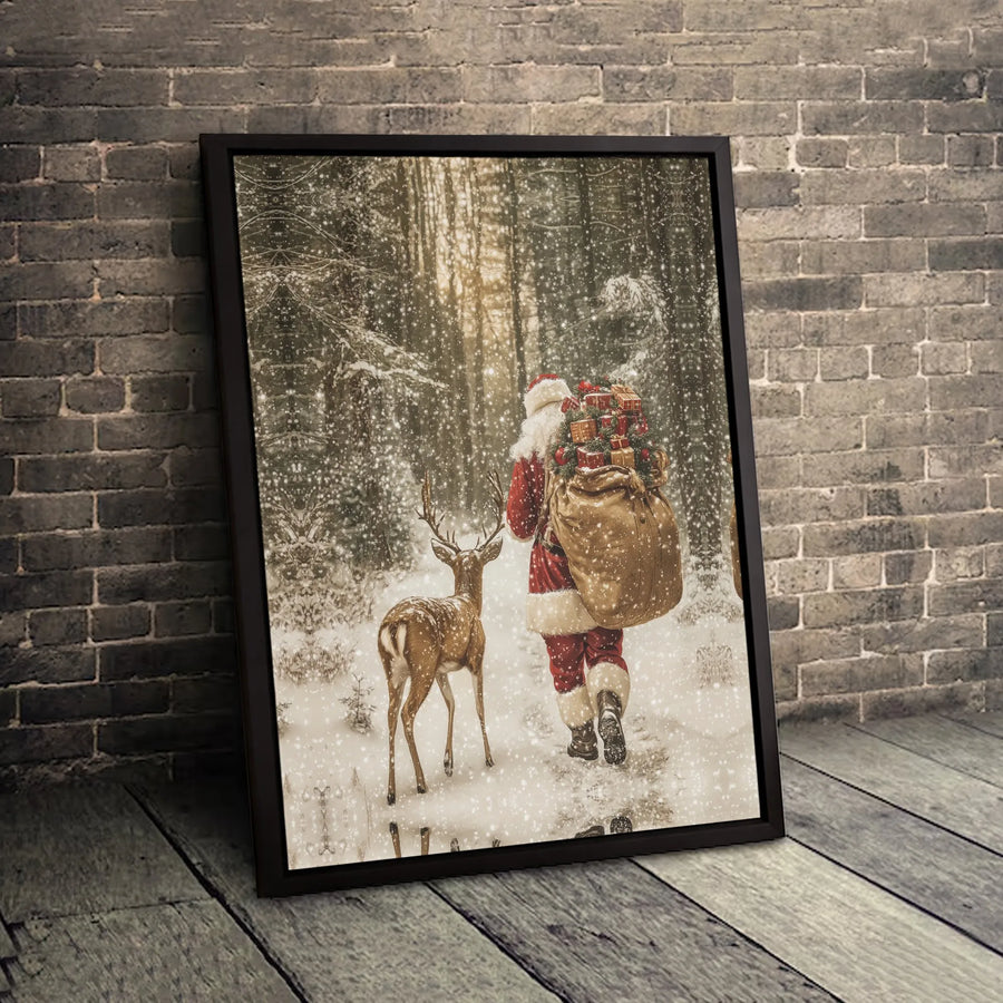 Santa Claus and Reindeer Canvas Wall Art | Snowy Forest Christmas Scene | Gallery-Wrapped Premium Print | Festive Holiday Home Decor Gift