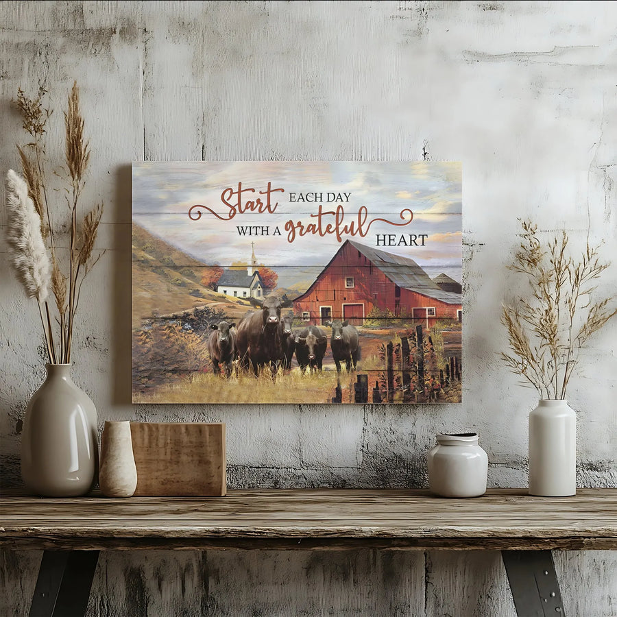 Start Each Day With A Grateful Heart Wall Art | Rustic Farmhouse Red Barn & Cows Canvas | Premium Gallery Wrap | Inspirational Country Home Decor Gift