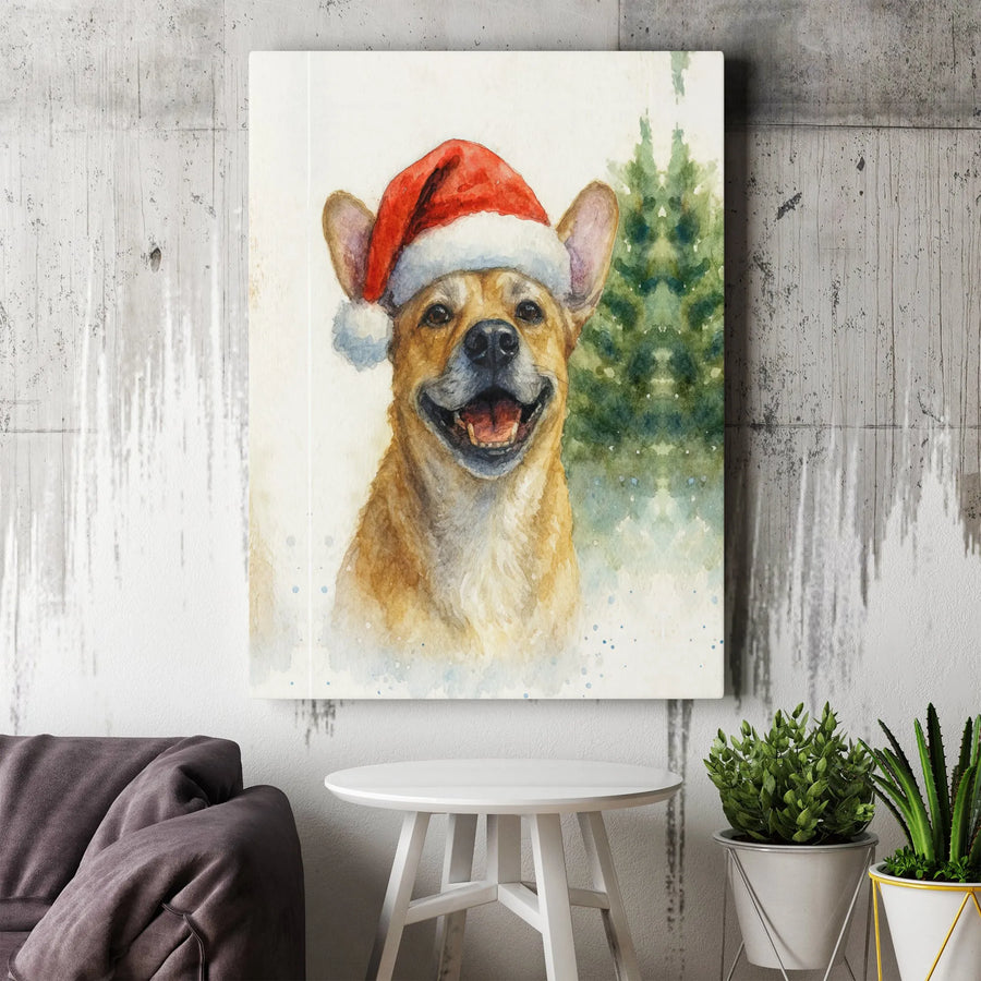 Smiling Dog Canvas Art | Watercolor Christmas Puppy in Santa Hat | Premium 1.25 inch Gallery Wrap | Festive Holiday Home Decor Gift